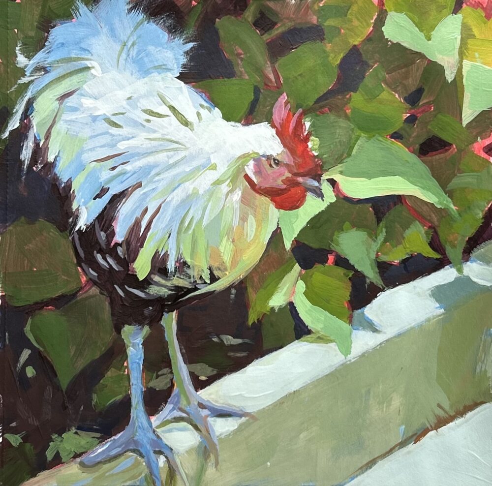 Colorful and vivid chicken painting. A summery feel of a chicken soaking up the sun. An acrylic heavy body original painting. Purchase at susiqstudio.com.