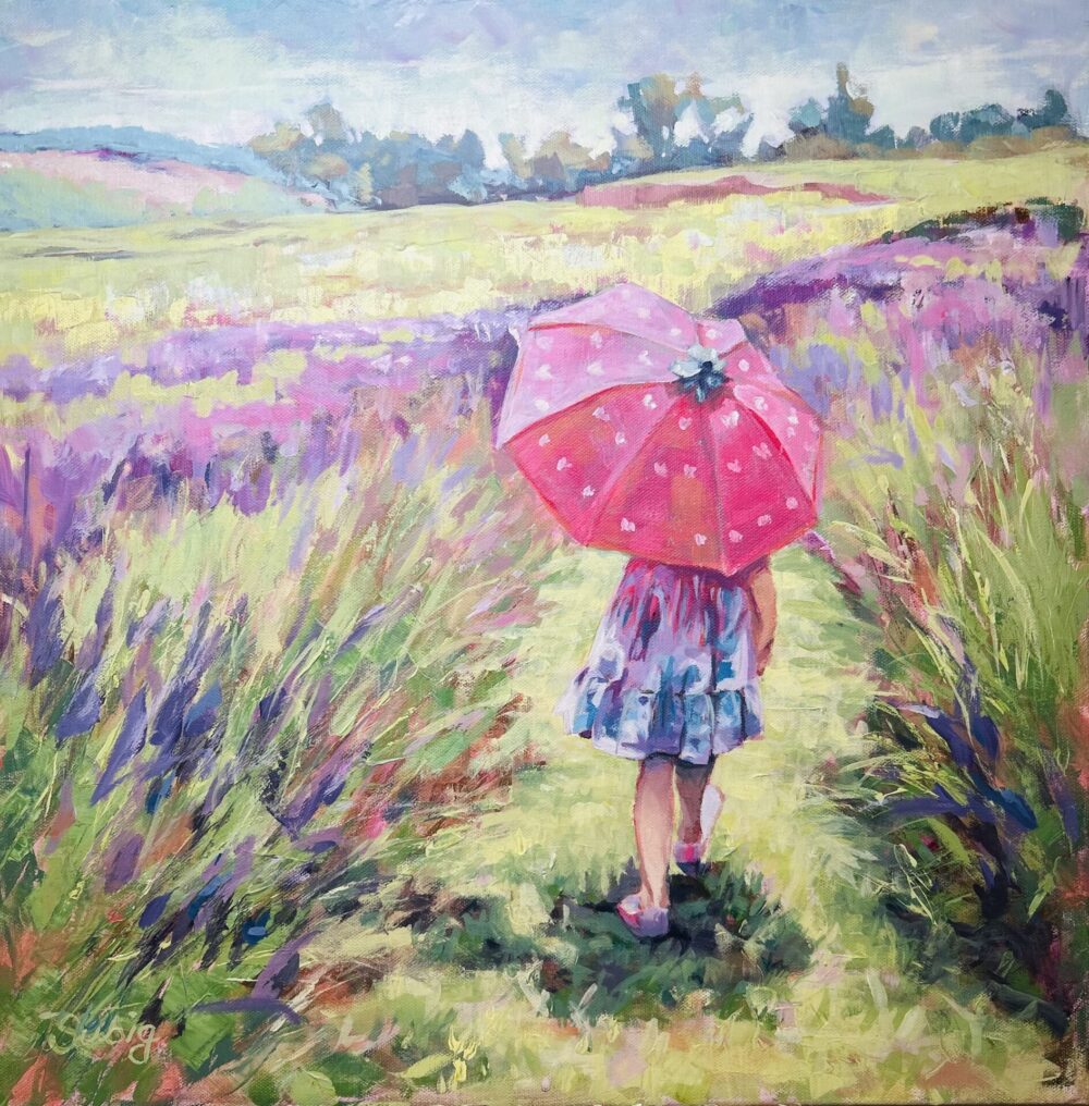 Enjoy the beautiful bright sunny day walking through aromatic lavender fields as this happy girl carrying an umbrella. A Susiq original acrylic painting.