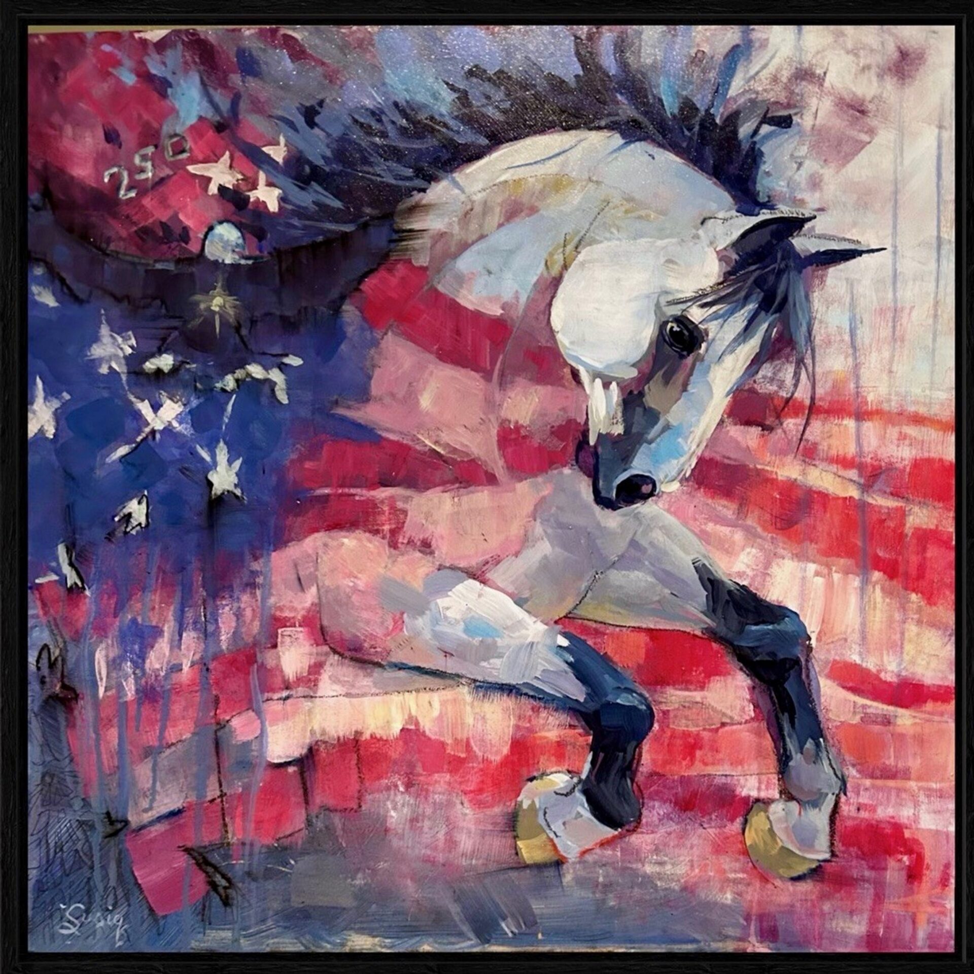 An American flag patriotic art painting of General Lee's Horse, Traveler, bald eagle, and an American flag. All combined in an abstract style painting symbolizing American pride and resilience.