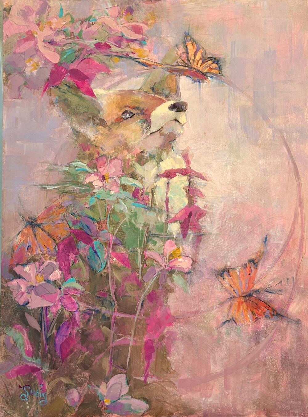 Fox abstract art in a whimsical and dreamy style. Butterflies encircle the curious fox. Multi media painting.